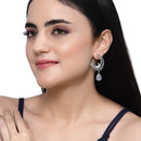 Rhodium-Plated Grey American Diamond studded Peacock & Feather Shaped Drop Earrings