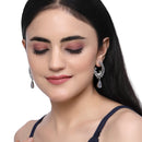 Rhodium-Plated Grey American Diamond studded Peacock & Feather Shaped Drop Earrings