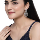 Rhodium Plated Circular White American Diamond Contemporary Long Drop Earrings