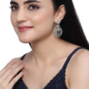 Rhodium-Plated White American Diamond studded Floral & Circular Layered Drop Earrings