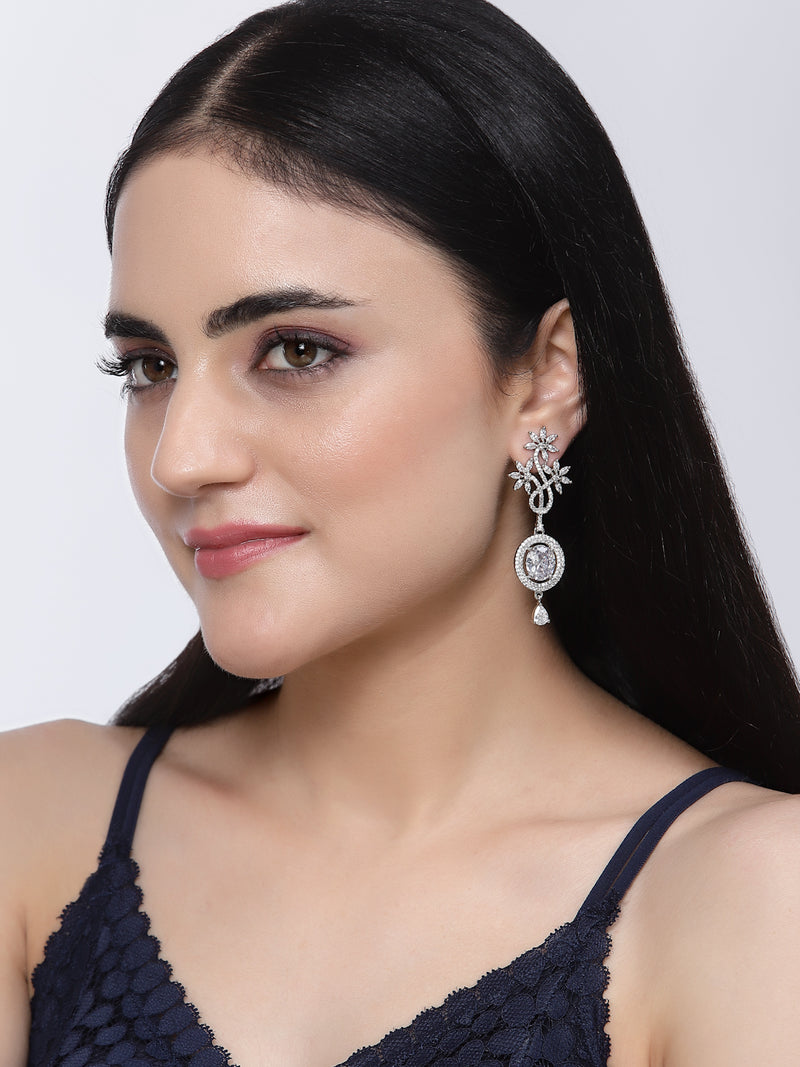 Rhodium-Plated White American Diamond studded Contemporary Drop Earrings
