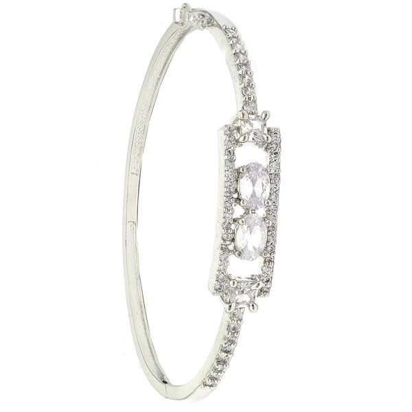 Rhodium-Plated Silver Toned Round Shaped White American Diamond Studded Kada Bracelet