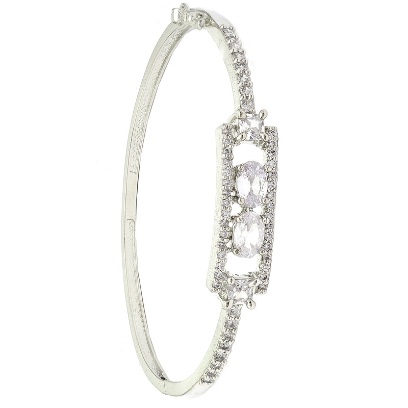 Rhodium-Plated Silver Toned Round Shaped White American Diamond Studded Kada Bracelet
