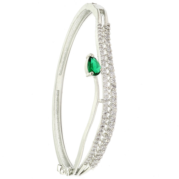 Rhodium Plated Silver Toned Emerald-Green Teardrop American Diamond  Stone Studded Kada Bracelet