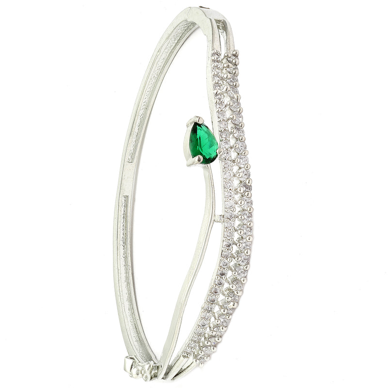 Rhodium Plated Silver Toned Emerald-Green Teardrop American Diamond  Stone Studded Kada Bracelet