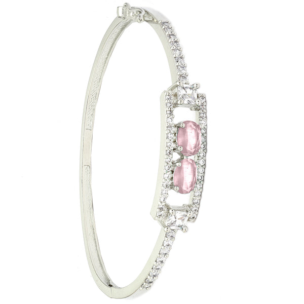Rhodium-Plated Silver Toned Round Pink American Diamond Studded Kada Bracelet