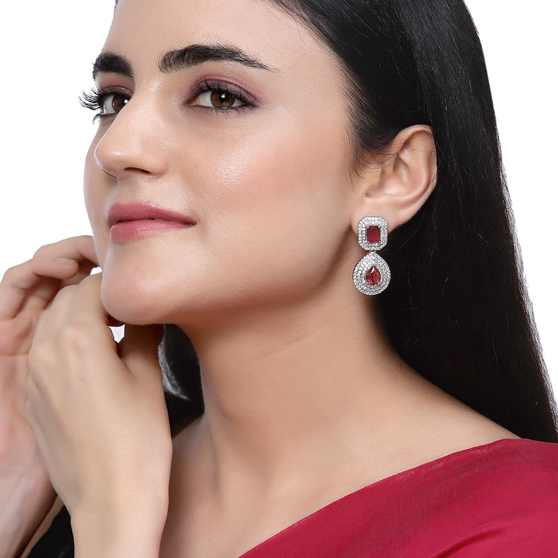 Rhodium-Plated Red & White American Diamond studded Square & Teardrop Shaped Drop Earrings