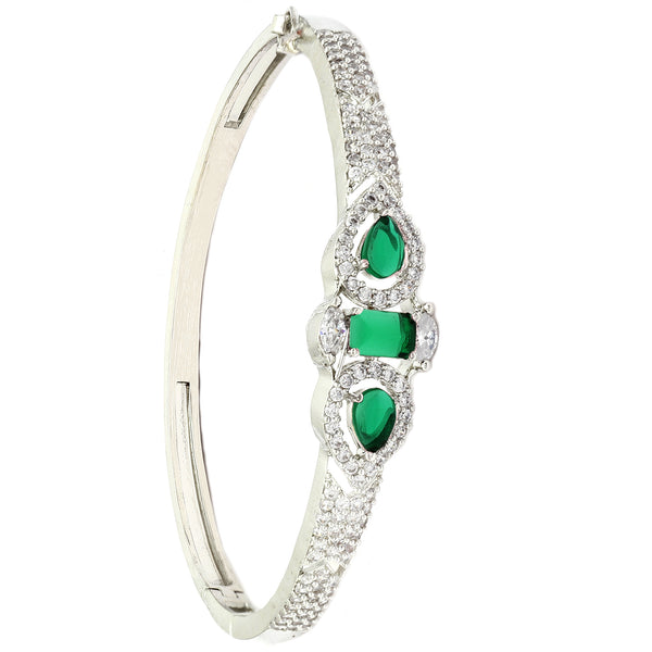 Rhodium-Plated Silver Toned Teardrop & Square Shaped Emerald Green American Diamond Studded Bracelet