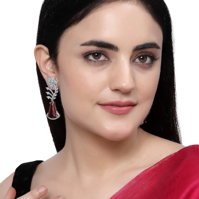 Rhodium-Plated Red & White American Diamond studded Floral Theme Drop Earrings