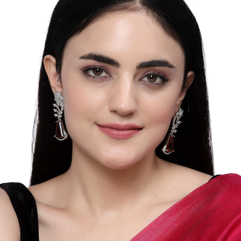Rhodium-Plated Red & White American Diamond studded Floral Theme Drop Earrings
