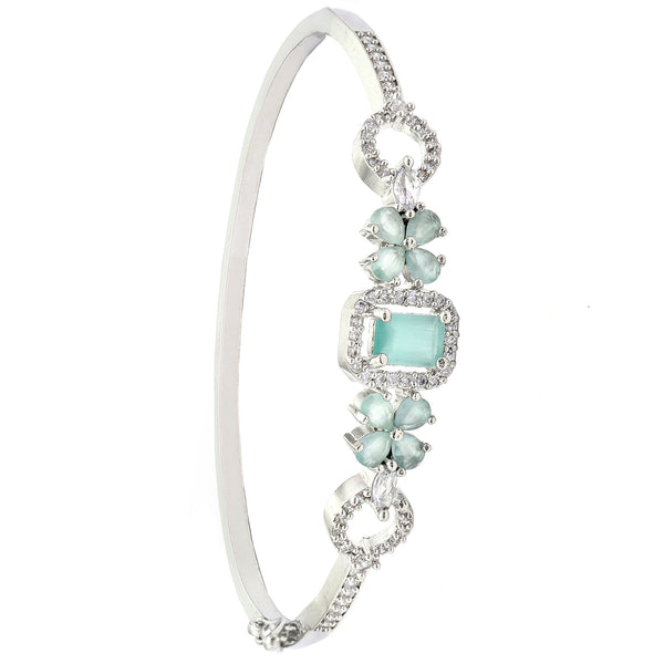 Rhodium-Plated Silver Toned Square Shaped Sea Green American Diamond Studded Bracelet