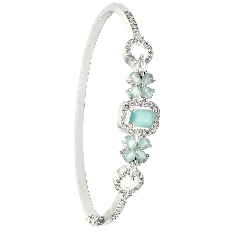 Rhodium-Plated Silver Toned Square Shaped Sea Green American Diamond Studded Bracelet
