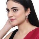 Rhodium-Plated Red American Diamond studded Teardrop & Leaf Shaped Drop Earrings