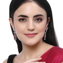 Rhodium-Plated Red American Diamond studded Teardrop & Leaf Shaped Drop Earrings