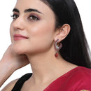 Rhodium-Plated Red American Diamond studded Peacock & Feather Shaped Drop Earrings
