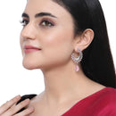 Rhodium-Plated Pink American Diamond studded Peacock & Feather Shaped Drop Earrings