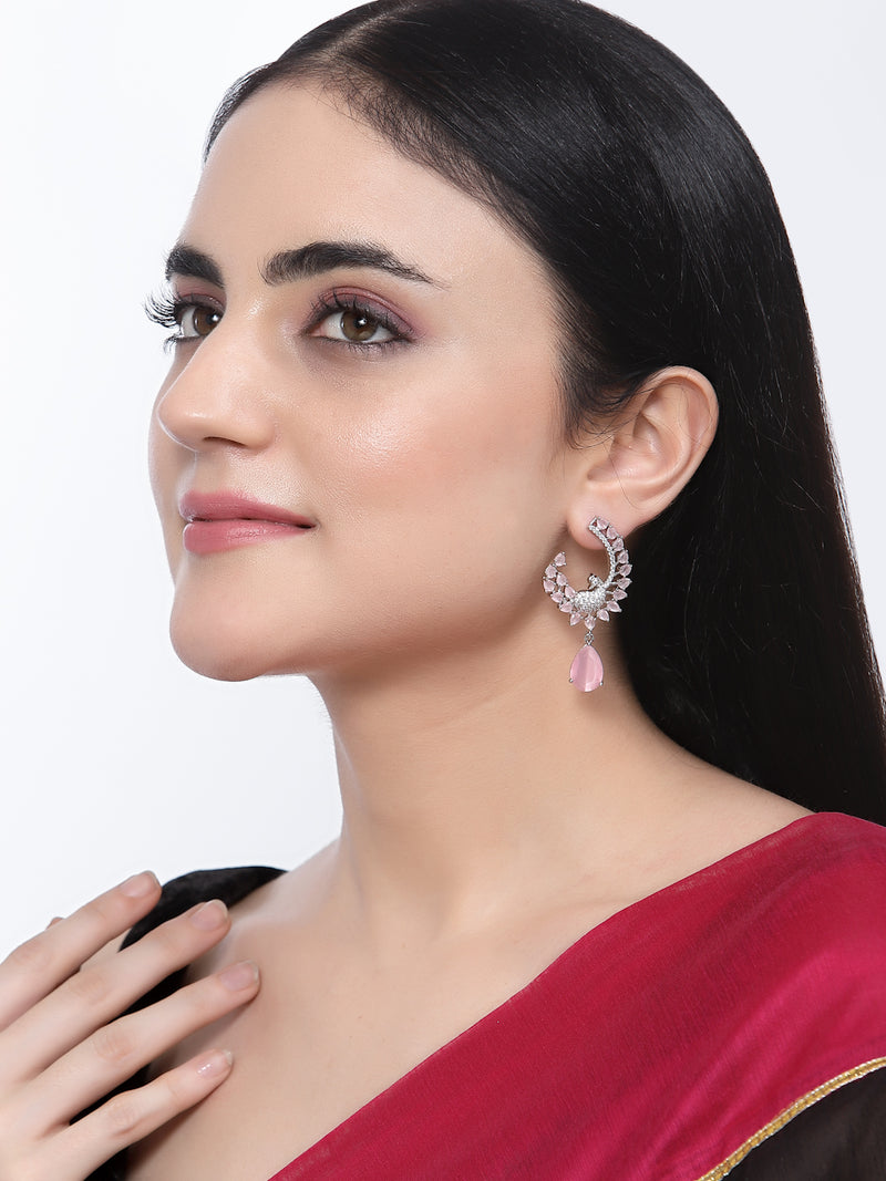 Rhodium-Plated Pink American Diamond studded Peacock & Feather Shaped Drop Earrings