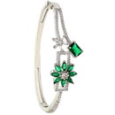 Rhodium-Plated Silver Toned Emerald Green American Diamond Studded Bracelet