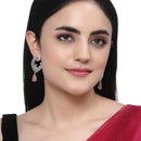 Rhodium-Plated Pink American Diamond studded Peacock & Feather Shaped Drop Earrings