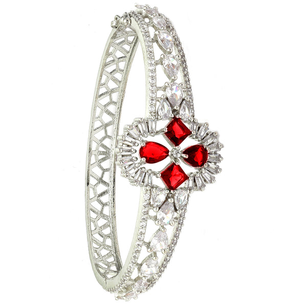 Rhodium-Plated Silver Toned  Red American Diamond Studded Bracelet