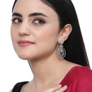 Rhodium-Plated Pink & White American Diamond studded Floral & Circular Layered Drop Earrings