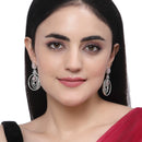 Rhodium-Plated Pink & White American Diamond studded Floral & Circular Layered Drop Earrings