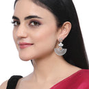 Rhodium-Plated Orange & White American Diamond studded Leaf Shaped Drop Earrings