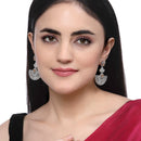 Rhodium-Plated Orange & White American Diamond studded Leaf Shaped Drop Earrings