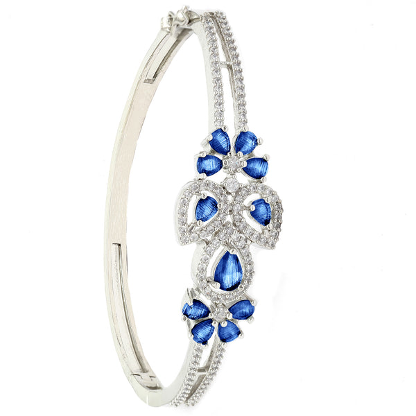 Rhodium-Plated Silver Toned Leaf Shaped  Royal Blue American Diamond Studded Bracelet
