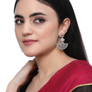 Rhodium-Plated Pink & White American Diamond studded Leaf Shaped Drop Earrings