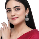 Rhodium-Plated Pink & White American Diamond studded Leaf Shaped Drop Earrings