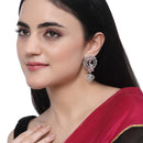 Rhodium Plated Peacock Pink American Diamond Contemporary Long Drop Earrings