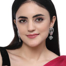 Rhodium Plated Peacock Pink American Diamond Contemporary Long Drop Earrings