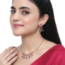 Rhodium-Plated Red American Diamond Studded Contemporary Necklace with Earrings Jewellery Set