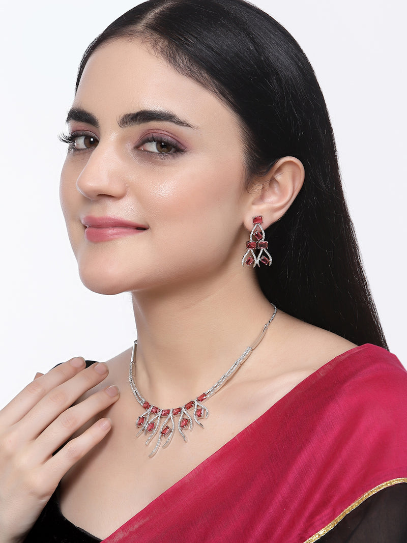 Rhodium-Plated Red American Diamond Studded Contemporary Necklace with Earrings Jewellery Set