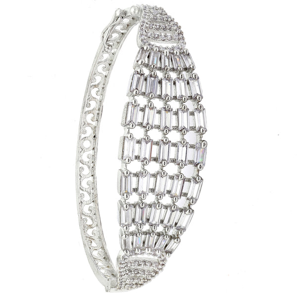 Rhodium-Plated Silver Toned Multi Row White American Diamond Studded Bracelet