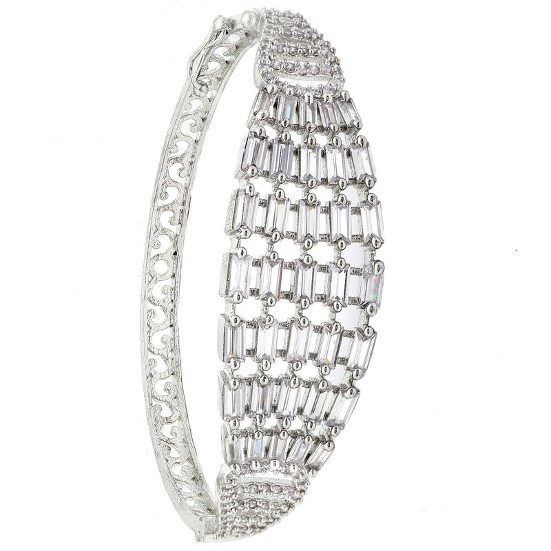 Rhodium-Plated Silver Toned Multi Row White American Diamond Studded Bracelet