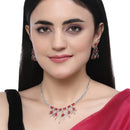 Rhodium-Plated Red American Diamond Studded Contemporary Necklace with Earrings Jewellery Set