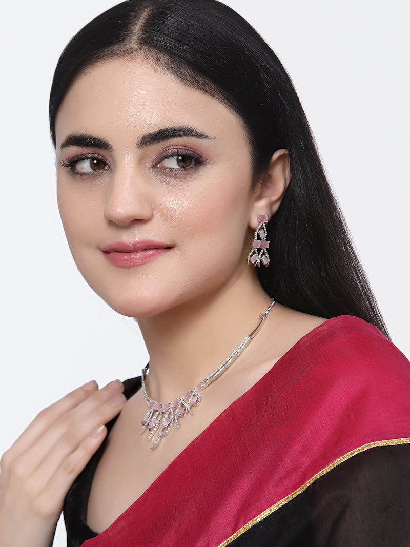 Rhodium-Plated Pink American Diamond Studded Contemporary Necklace with Earrings Jewellery Set