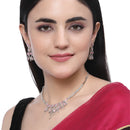 Rhodium-Plated Pink American Diamond Studded Contemporary Necklace with Earrings Jewellery Set