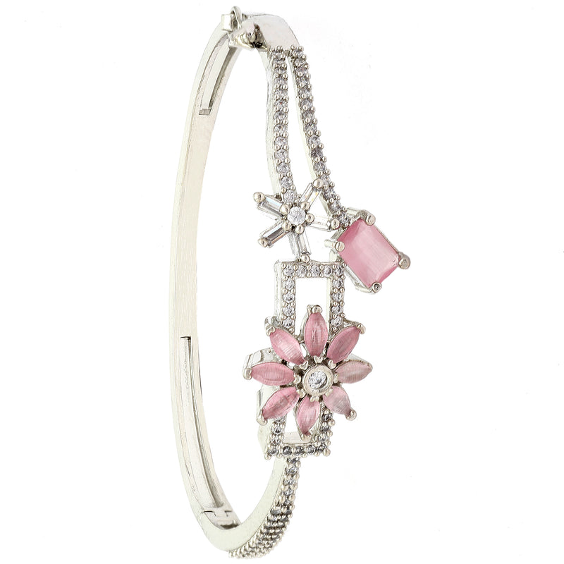 Rhodium-Plated Silver Toned Pink American Diamond Studded Bracelet