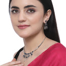 Rhodium-Plated Navy Blue American Diamond Studded Contemporary Necklace with Earrings