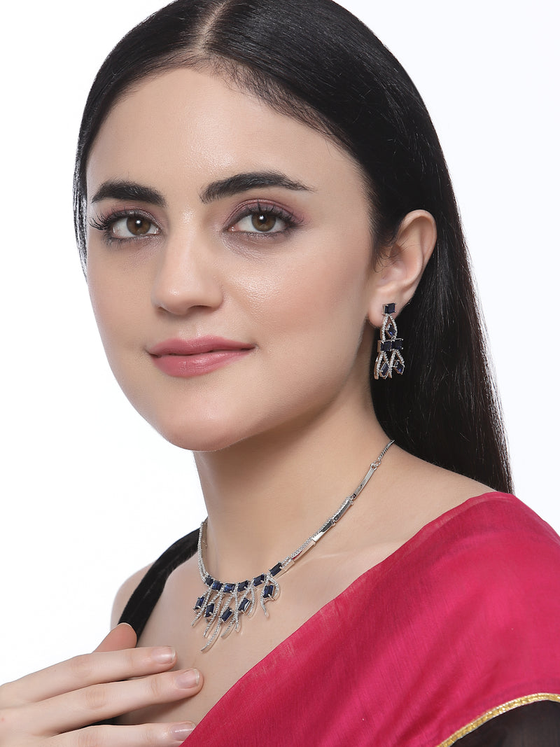 Rhodium-Plated Navy Blue American Diamond Studded Contemporary Necklace with Earrings