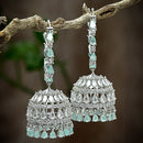 Rhodium Plated Silver Toned with Ocean Blue & White American Diamond Jhumka Earrings