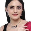 Rhodium-Plated Navy Blue American Diamond Studded Contemporary Necklace with Earrings