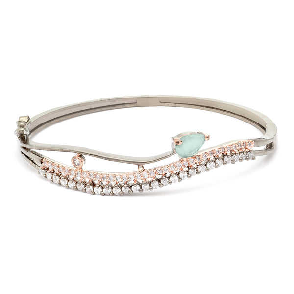 Rose Gold-Plated Black Toned Sea Green American Diamond Studded Kada Bracelet