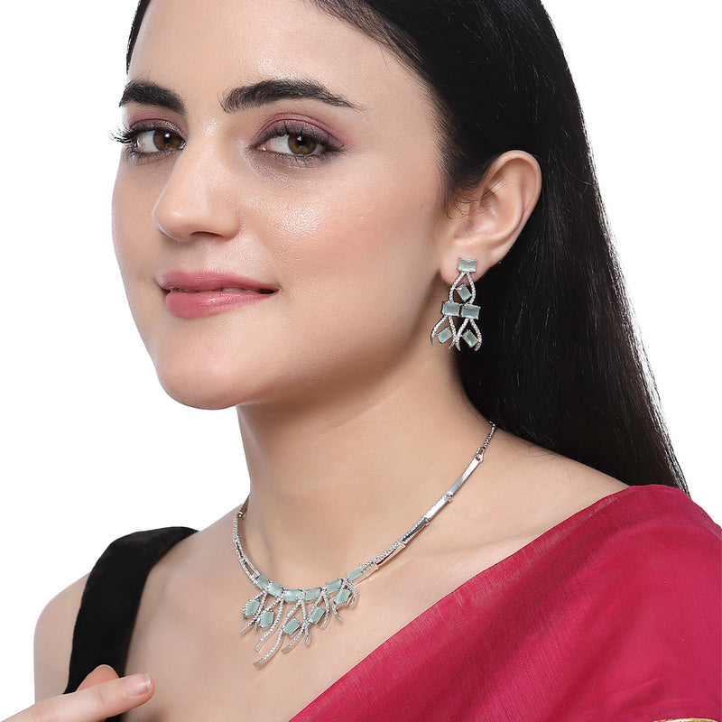 Rhodium-Plated Sea Green American Diamond Studded Contemporary Necklace with Earrings Jewellery Set