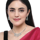 Rhodium-Plated Sea Green American Diamond Studded Contemporary Necklace with Earrings Jewellery Set