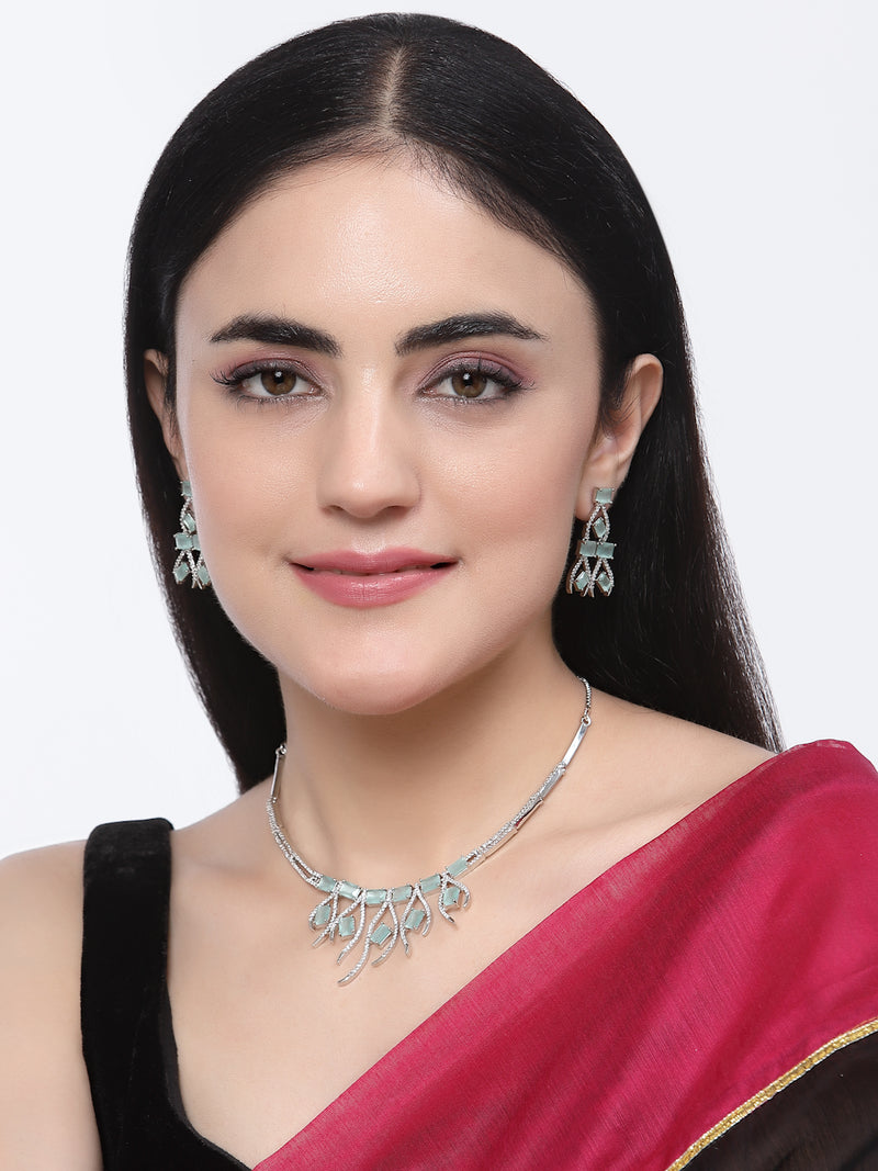 Rhodium-Plated Sea Green American Diamond Studded Contemporary Necklace with Earrings Jewellery Set