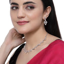 Rhodium-Plated Pink American Diamond Studded Necklace With Earrings Jewellery Set